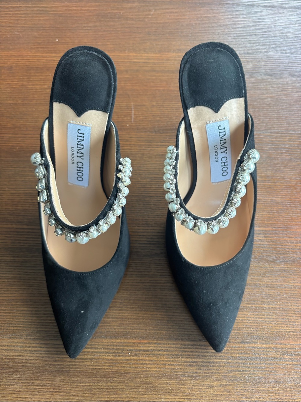 Designer Inspired Black Suede Pointed Toe Mules with Diamond & Pearl Strap 36